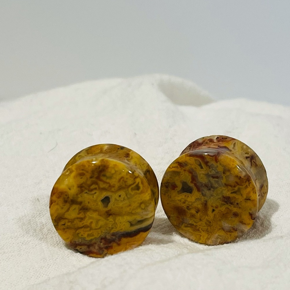 Crazy Lace Agate Stone Plug Orange Yellow 3/4”